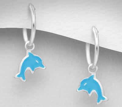 925 Sterling Silver Dolphin Hoop Earrings, Decorated with Colored Enamel