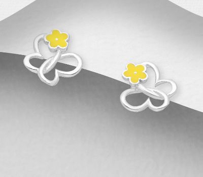 925 Sterling Silver Butterfly & Flower Push-Back Earrings Decorated With Colored Enamel