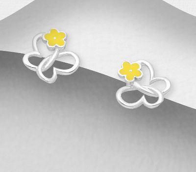 Şəkli böyütmək üçün tiklayın 925 Sterling Silver Butterfly & Flower Push-Back Earrings Decorated With Colored Enamel