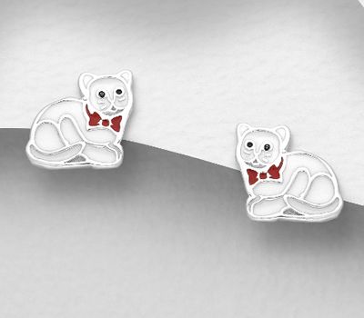 925 Sterling Silver Cat Push-Back Earrings, Decorated with Colored Enamel