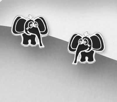 925 Sterling Silver Elephant Push-Back Earrings, Decorated with Colored Enamel