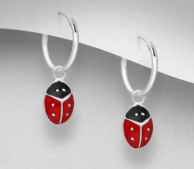 925 Sterling Silver Ladybug Hoop Earrings Decorated With Colored Enamel