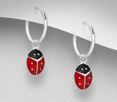 Şəkli böyütmək üçün tiklayın 925 Sterling Silver Ladybug Hoop Earrings Decorated With Colored Enamel