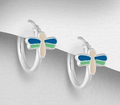 925 Sterling Silver Dragonfly Hoop Earrings Decorated with Colored Enamel