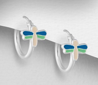 Şəkli böyütmək üçün tiklayın 925 Sterling Silver Dragonfly Hoop Earrings Decorated with Colored Enamel