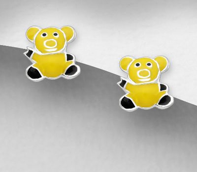 Şəkli böyütmək üçün tiklayın 925 Sterling Silver Bear Push-Back Earrings, Decorated with Colored Enamel