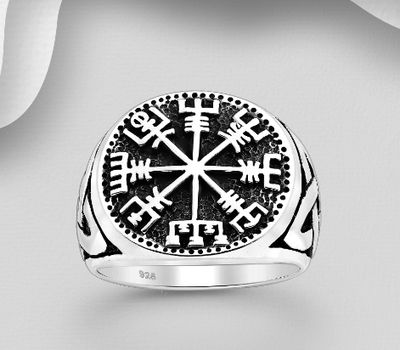 925 Sterling Silver Oxidized Viking vegvisir amulet and Celtic Ring