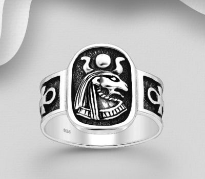 925 Sterling Silver Oxidized Pharaoh Ring, Featuring Egyptian Cross