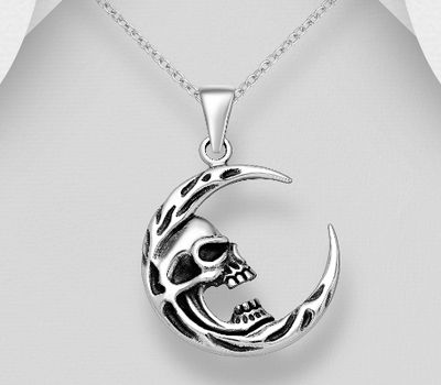 925 Sterling Silver Oxidized Moon and Skull Pendant