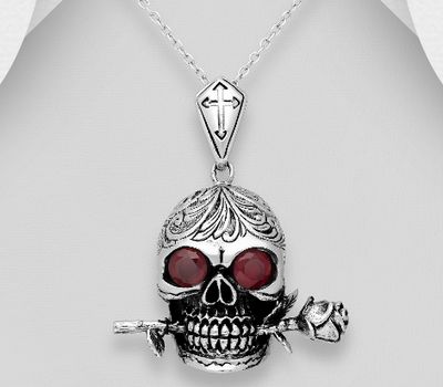 925 Sterling Silver Oxidized Skull And Rose Pendant Decorated With CZ