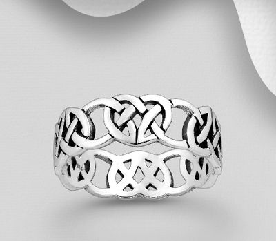 925 Sterling Silver Oxidized Celtic Band Ring, 7mm Wide.