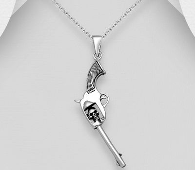 925 Sterling Silver Oxidized Gun Revolver and Skull Pendant