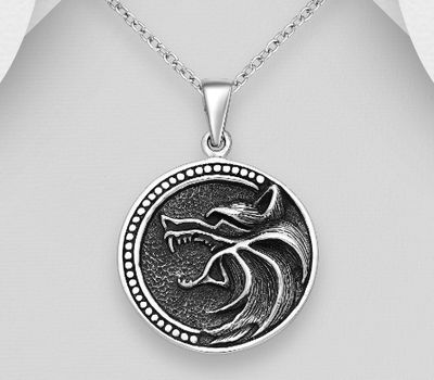 925 Sterling Silver Oxidized Wolf Pendant