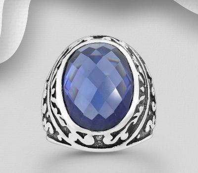 925 Sterling Silver Oxidized Ring, Decorated with CZ Simulated Diamonds