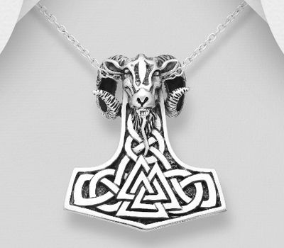 925 Sterling Silver Oxidized Celtic Anchor, Goat And Valknut Pendant