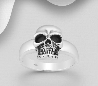 925 Sterling Silver Oxidized Skull Band Ring, 14 mm Wide
