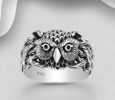 925 Sterling Silver Oxidized Celtic, Branch and Owl Ring
