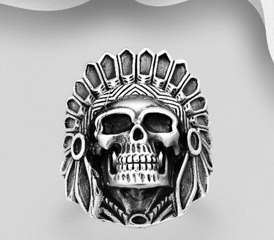 925 Sterling Silver Oxidized Skull and Indian head Ring