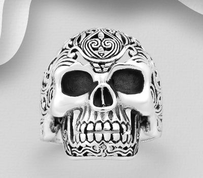 Şəkli böyütmək üçün tiklayın 925 Sterling Silver Oxidized Swirl Skull Ring