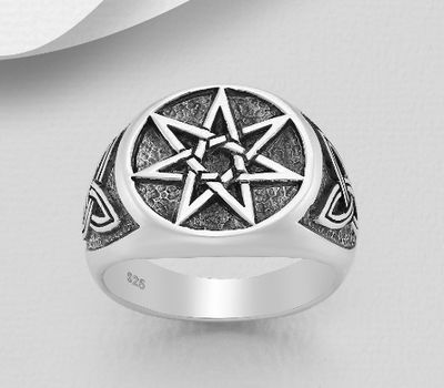 925 Sterling Silver Oxidized Heptagram And Celtic Ring