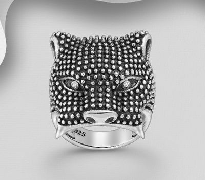 925 Sterling Silver Oxidized Tiger Ring, Decorated with CZ Simulated Diamonds