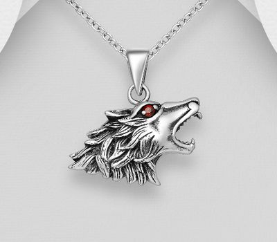 925 Sterling Silver Oxidized Wolf Pendant, Decorated with CZ Simulated Diamond