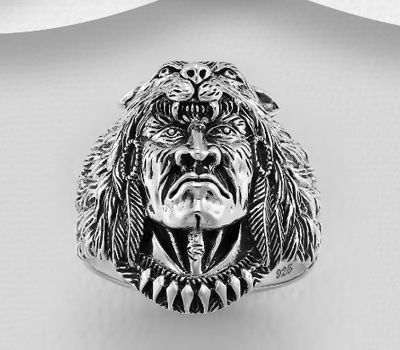 925 Sterling Silver Oxidized Indian Head and Lion Ring