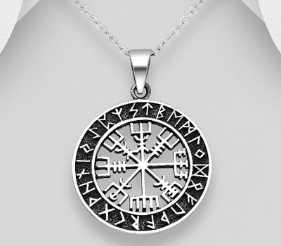 Şəkli böyütmək üçün tiklayın 925 Sterling Silver Oxidized Viking Vegvisir Amulet Pendant