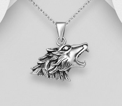 925 Sterling Silver Oxidized Wolf Pendant