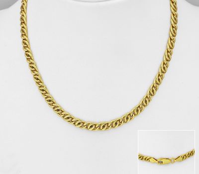 Şəkli böyütmək üçün tiklayın ITALIAN DELIGHT - 925 Sterling Silver Curb Necklace, Plated with 0.5 Micron 18K Yellow Gold, 4 mm Wide, Made in Italy.