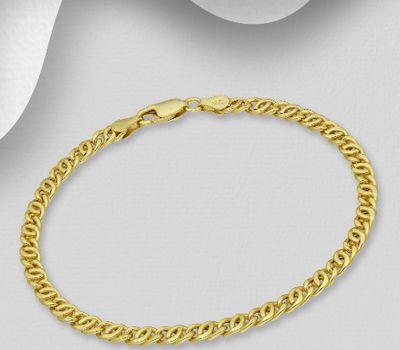 ITALIAN DELIGHT - 925 Sterling Silver Curb Bracelet, Plated with 0.5 Micron 18K Yellow Gold, 4 mm Wide, Made in Italy.