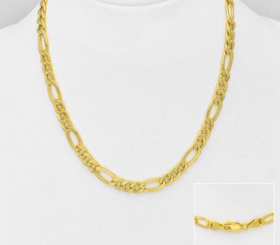 ITALIAN DELIGHT - 925 Sterling Silver Figaro Necklace, Plated with 0.5 Micron 18K Yellow Gold, 5.5 mm Wide, Made in Italy.