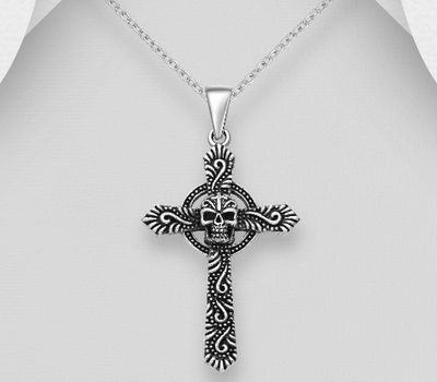 925 Sterling Silver Oxidized Cross and Skull Pendant