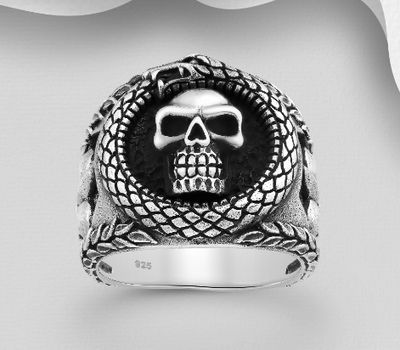 925 Sterling Silver Fleur De Lis and Ouroboros, Skull Ring
