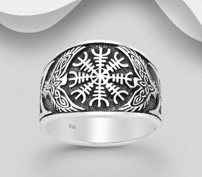 925 Sterling Silver Celtic and Viking Vegvisir Amulet Ring