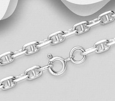 925 Sterling Silver Anchor Chain, 4 mm Wide, Made In Thailand.