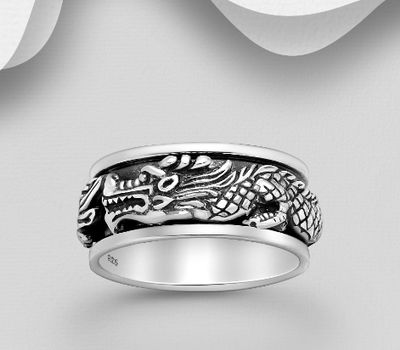 925 Sterling Silver Oxidized Dragon Spin Band Ring, 9 mm