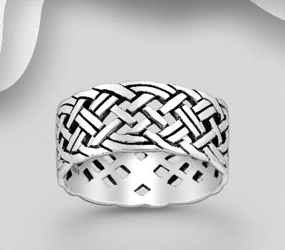 925 Sterling Silver Oxidized Celtic Band Ring, 9 mm Wide.