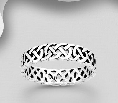 925 Sterling Silver Oxidized Celtic Band Ring, 5mm Wide