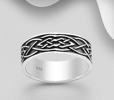 925 Sterling Silver Oxidized Celtic Band Ring, 8 mm Wide