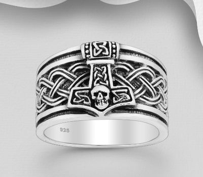 925 Sterling Silver Oxidized Celtic Anchor And Skull Ring