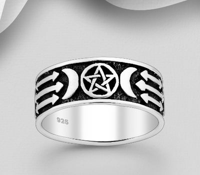 925 Sterling Silver Oxidized Moon and Star Band Ring, 8 mm Wide