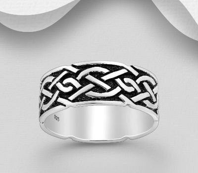 925 Sterling Silver Oxidized Celtic Band Ring, 8 mm Wide