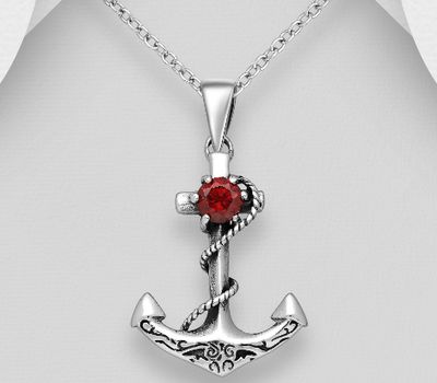 925 Sterling Silver Oxidized Anchor Pendant, Decorated with CZ Simulated Diamond