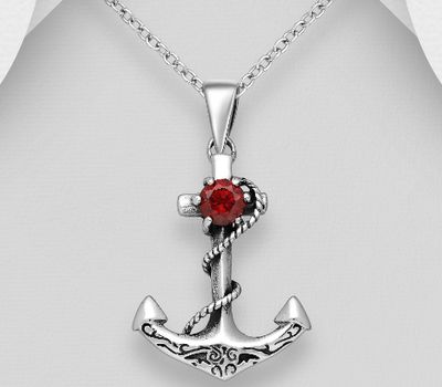 Şəkli böyütmək üçün tiklayın 925 Sterling Silver Oxidized Anchor Pendant, Decorated with CZ Simulated Diamond