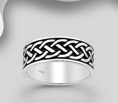 925 Sterling Silver Oxidized Celtic Band Ring, 8 mm Wide.
