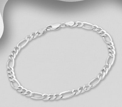 ITALIAN DELIGHT - 925 Sterling Silver Figaro Chain Bracelet, 5.5 mm Wide, Made in Italy.