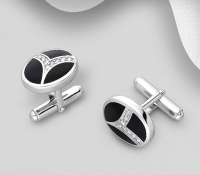 925 Sterling Silver Cuff Links, Decorated with Colored Enamel and CZ Simulated Diamonds