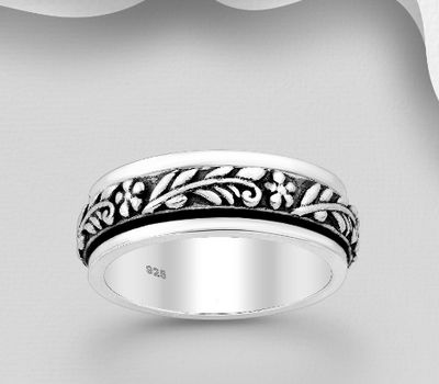 925 Sterling Silver Oxidized Flower and Leaf Spin Band Ring, 6.5 mm Wide.