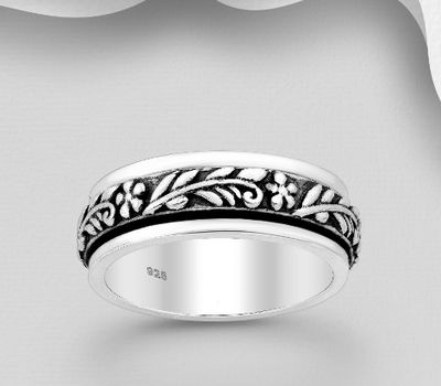 Şəkli böyütmək üçün tiklayın 925 Sterling Silver Oxidized Flower and Leaf Spin Band Ring, 6.5 mm Wide.